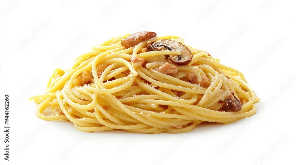 A vivid 3D close-up of spaghetti carbonara with mushrooms, focusing on the texture and rich appearance of the dish against a clean white background, no people. A vivid 3D close-up of spaghetti carbonara with mushrooms, focusing on the texture and rich appearance of the dish against a clean white background, no people.