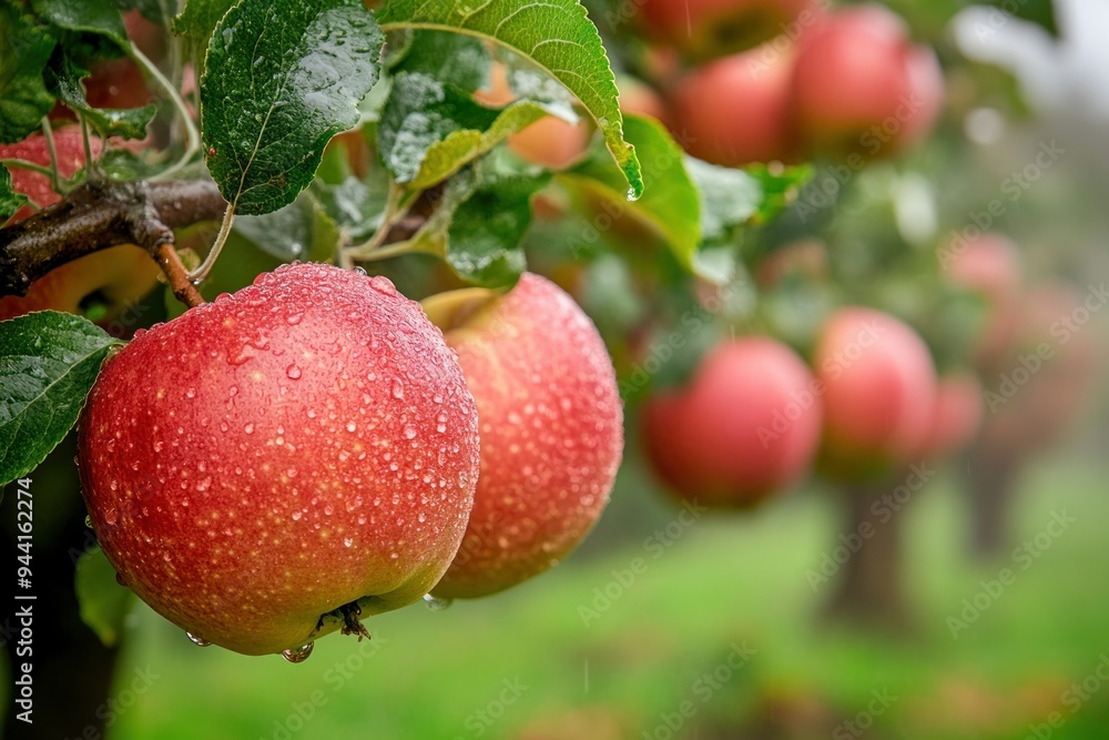 Obraz premium Ripe Red Apples with Water Droplets on a Branch