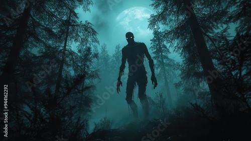 A motionless zombie stands eerily in a dark, moonlit forest surrounded by tall trees. photo