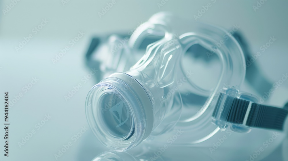 Oxygen mask highlighted with a soft-focus light gray background, emphasizing its clear plastic and secure straps. Oxygen mask highlighted with a soft-focus light gray background, emphasizing its clear plastic and secure straps.