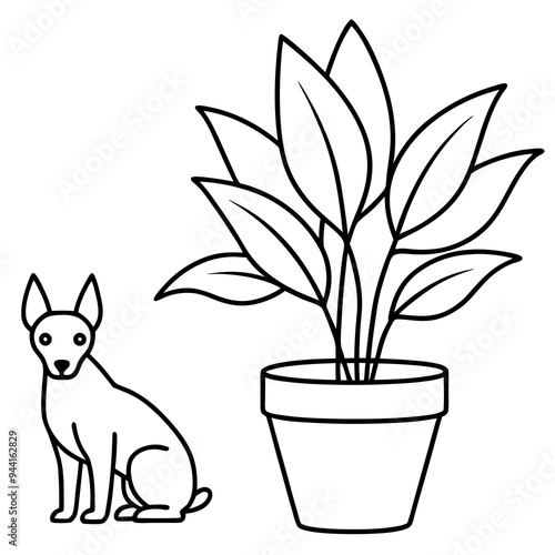 Vector Illustration German Pinscher Dogs & Potted Plant Art