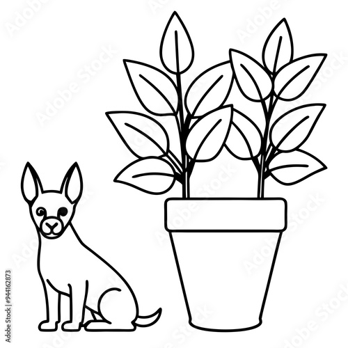 Vector Illustration German Pinscher Dogs & Potted Plant Art