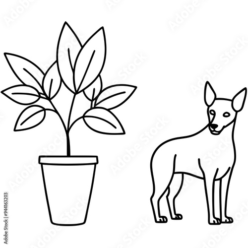 Vector Illustration German Pinscher Dogs & Potted Plant Art