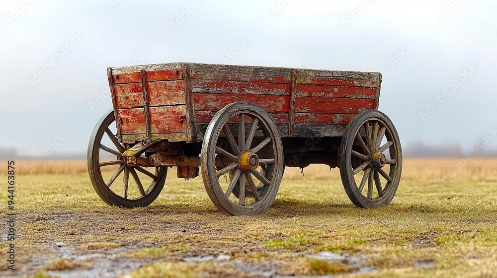 Obraz premium A weathered wooden wagon sits in a field