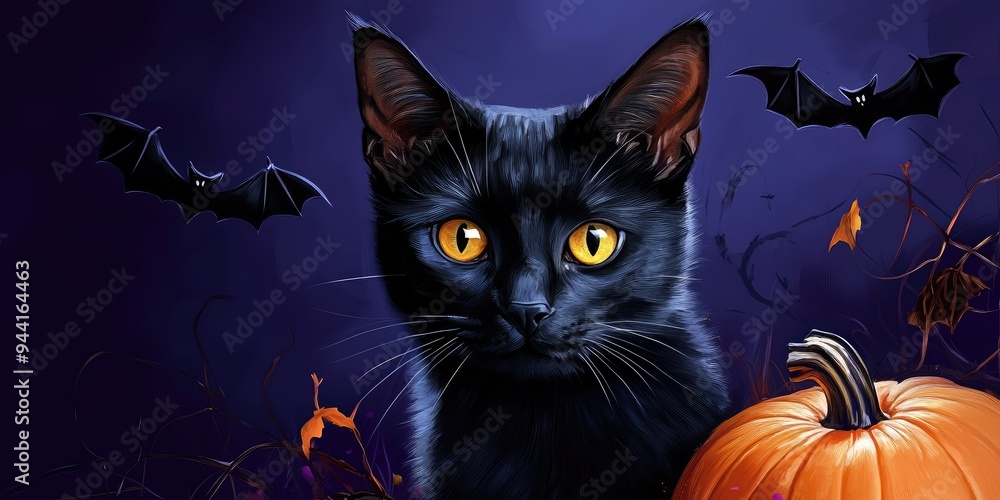 A mysterious black cat lurks in a pumpkin patch under a moonlit sky, surrounded by dark branches and fluttering bats, evoking an enchanting Halloween ambiance. Halloween background. A mysterious black cat lurks in a pumpkin patch under a moonlit sky, surrounded by dark branches and fluttering bats, evoking an enchanting Halloween ambiance. Halloween background.