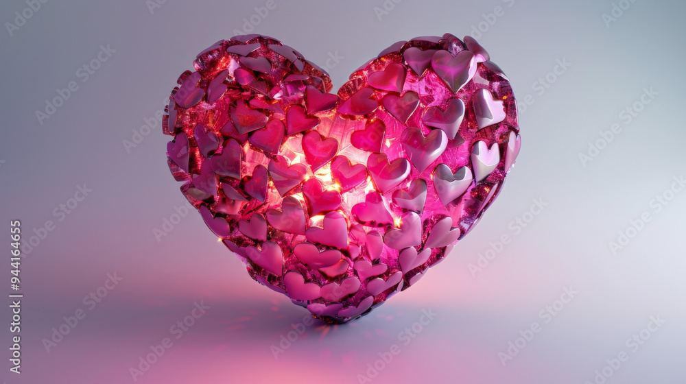 3D hearth created from many hearts in pink vibrant colors, glowing light behind on the white background 3D hearth created from many hearts in pink vibrant colors, glowing light behind on the white background