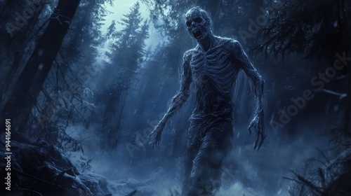 A frozen zombie in a nighttime forest, with mist swirling around its feet and the trees looming overhead.