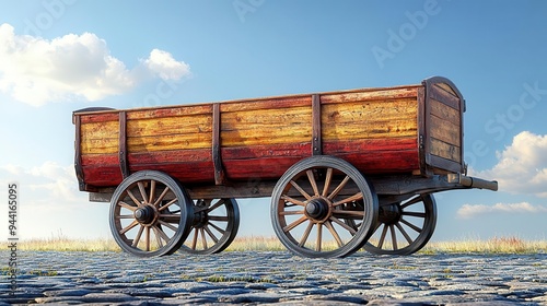 A weathered wooden wagon with four spoked wheels sits on a cobblestone path photo