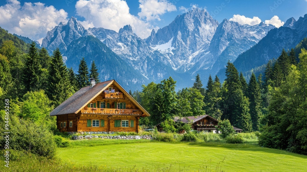 A picturesque Bavarian alpine landscape with a traditional wooden chalet, surrounded by green meadows and majestic mountain peaks, evoking the tranquil beauty of rural Bavaria A picturesque Bavarian alpine landscape with a traditional wooden chalet, surrounded by green meadows and majestic mountain peaks, evoking the tranquil beauty of rural Bavaria