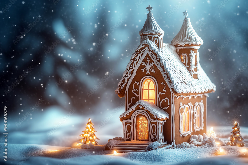 Gingerbread church with glowing lights in a snowy winter scene for holiday decorations or Christmas cards. Gingerbread church with glowing lights in a snowy winter scene for holiday decorations or Christmas cards.