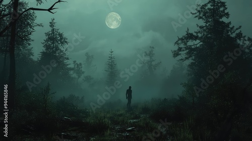 In the middle of a dark, foggy forest, a zombie stands motionless, shrouded in eerie moonlight.