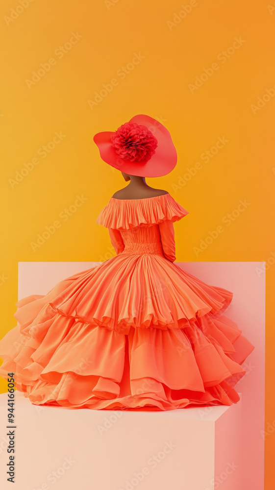 Traditional Mexican dress with colorful patterns on yellow background Traditional Mexican dress with colorful patterns on yellow background