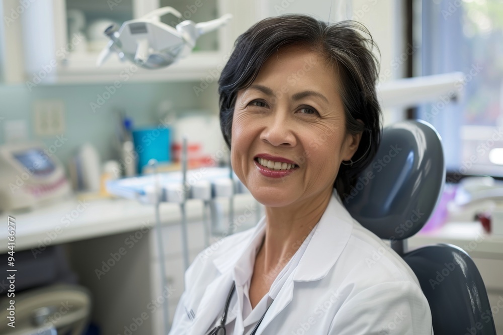 Portrait of a smiling middle aged Asian female dentist in modern clinic Portrait of a smiling middle aged Asian female dentist in modern clinic
