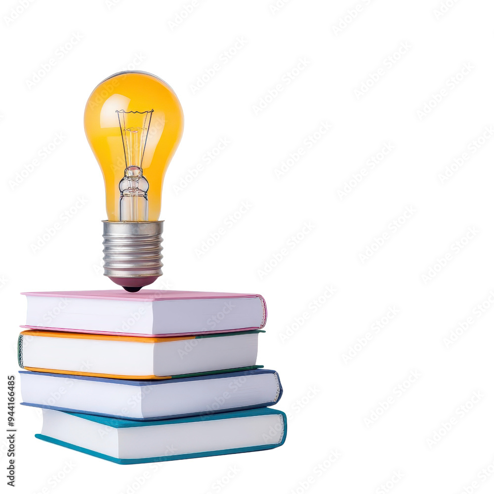 A glowing light bulb sits atop a stack of colorful books, symbolizing creativity, knowledge, and inspiration.