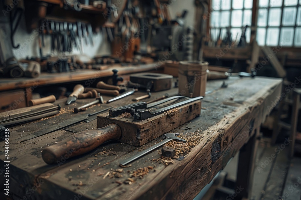 Tools on a rustic work bench in workshop Tools on a rustic work bench in workshop