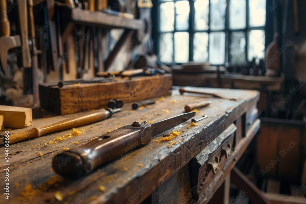 Tools on a rustic work bench in workshop Tools on a rustic work bench in workshop