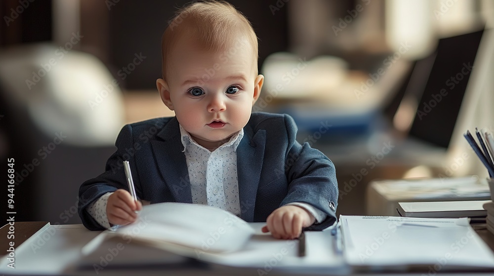 a baby procurement worker in a suit working at a desk. copy space for text. a baby procurement worker in a suit working at a desk. copy space for text.