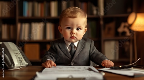 a baby procurement worker in a suit working at a desk. copy space for text.