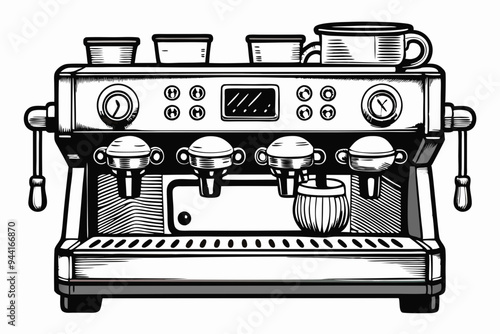 A black and white hand-drawn artistic representation of an espresso machine, featuring knobs and gauges. The detailed illustration showcases the mechanical design of the machine.
