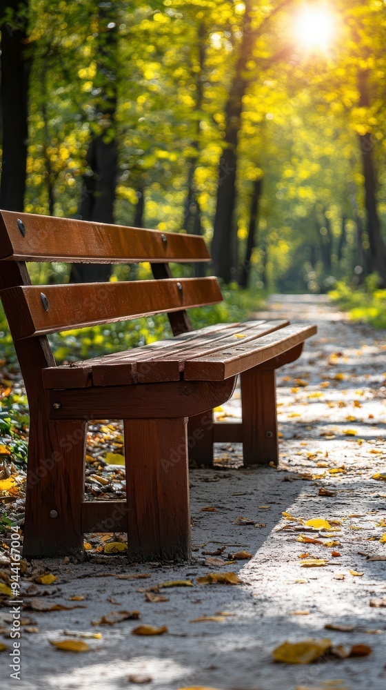 A wooden bench sits on a path in an autumnal forest