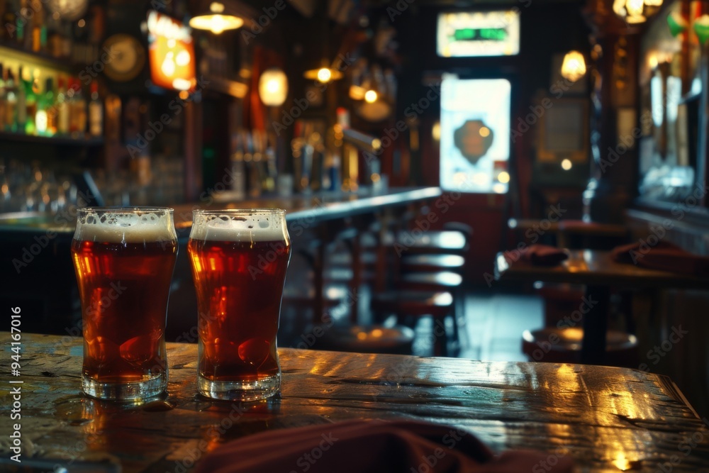 Two cold pints of beer at a lively bar Two cold pints of beer at a lively bar