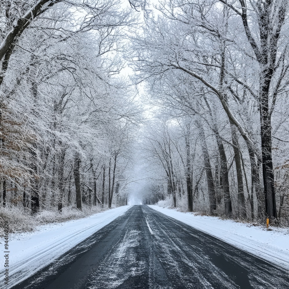 Snowy road lined with frozen trees, the road surface slightly shiny from ice and surrounded by a soft, gray winter sky Snowy road lined with frozen trees, the road surface slightly shiny from ice and surrounded by a soft, gray winter sky