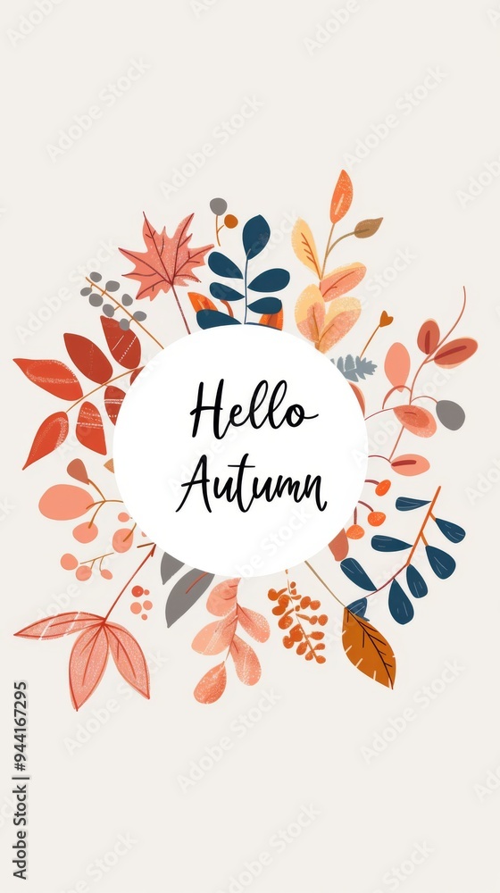 Autumn leaves with berries and hello autumn text on beige background Autumn leaves with berries and hello autumn text on beige background