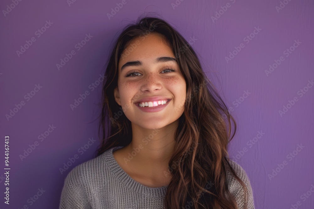 Fototapeta premium Young woman smiling against purple background