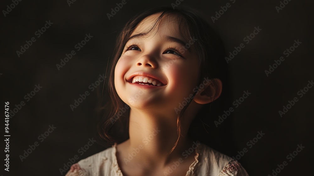 A Korean girl laughing softly, captured in gentle studio light at home. copy space for text. A Korean girl laughing softly, captured in gentle studio light at home. copy space for text.