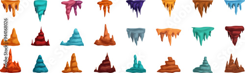 Stalactite icons set. Set of various cartoon stalactites and stalagmites in different shapes and colors