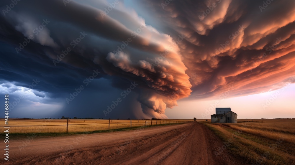 Tornadic supercell creating intense lightning strikes over wide farmland Tornadic supercell creating intense lightning strikes over wide farmland