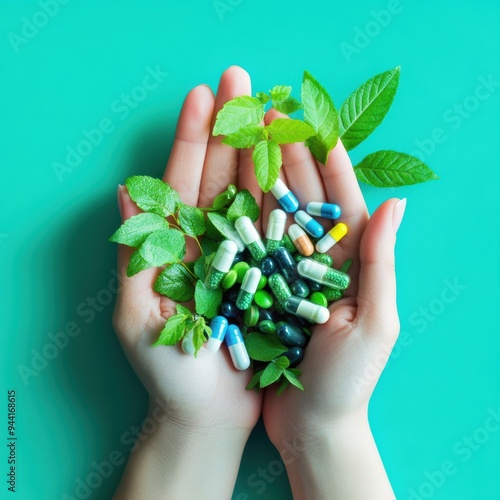 Hands holding colorful capsules and fresh leaves representing sustainable healthcare