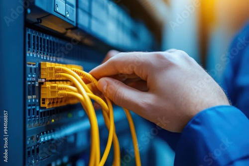 IT technician connecting yellow cables to an internet switch in a data center environment