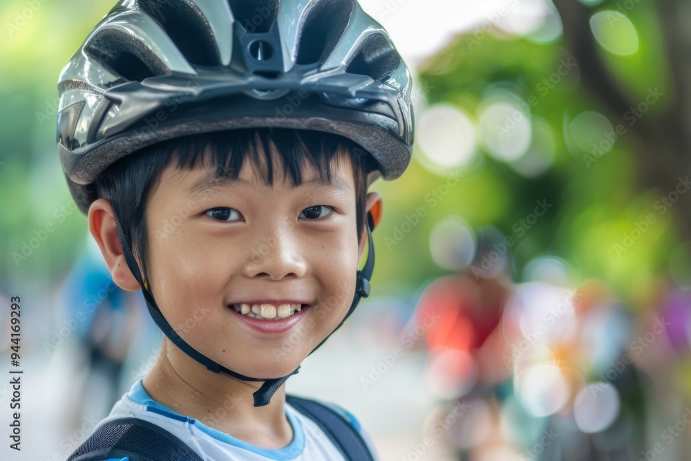 Smiling little boy with bicycle helmet portrait Smiling little boy with bicycle helmet portrait
