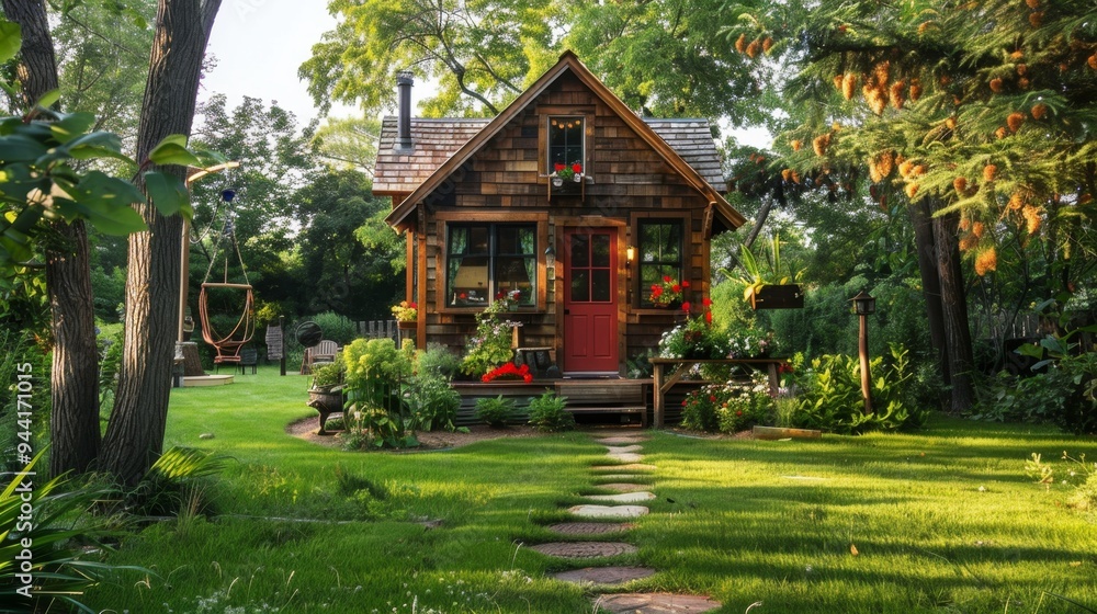 Idyllic Rustic Tiny Home Surrounded by Lush Greenery Idyllic Rustic Tiny Home Surrounded by Lush Greenery