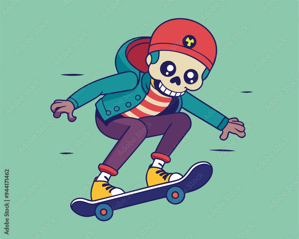 Skull Riding a Skateboard illustration on solid background Skull Riding a Skateboard illustration on solid background