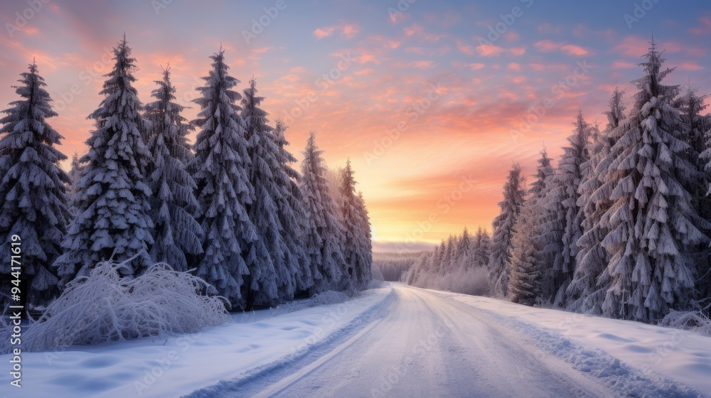 Winter road framed by snowy trees with colorful sunrise, bright sky, and serene atmosphere Winter road framed by snowy trees with colorful sunrise, bright sky, and serene atmosphere