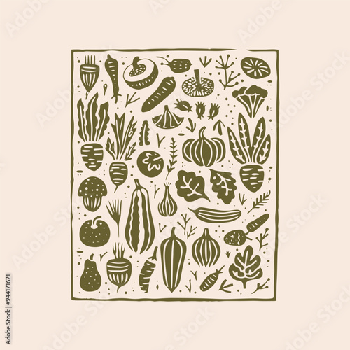 Hand drawn linocut style vegetables poster. Grunge illustration of different vegetables. Vector background