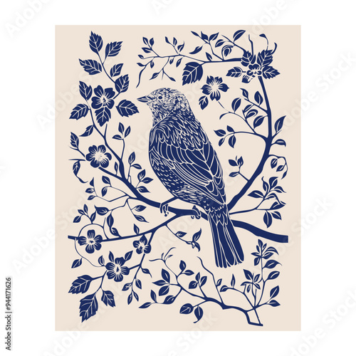 Hand drawn linocut style bird on a branch. Grunge illustration of bird silhouette isolated	
