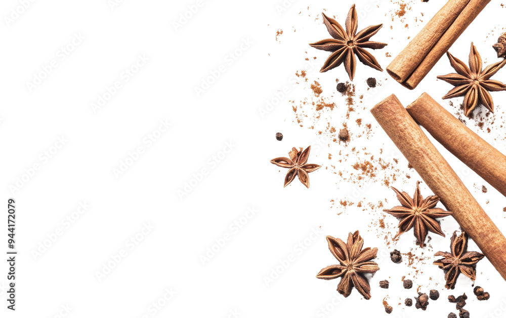 Fototapeta premium Cinnamon sticks and star anise create an inviting composition, perfect for enhancing flavor in festive recipes or baking delights. Transparent background PNG