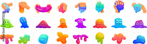Slime toys icons set. Set of colorful slime being squeezed, pulled, taking funny shapes and faces, isolated on white background