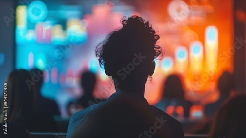 Audience Engagement: The Silhouette of Attentive Event Participants Against a Colorful Blurred Background