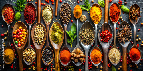 Fototapeta Naklejka Na Ścianę i Meble -  A collection of aromatic oriental spices in special professional cooking spoons, complemented by green aromatic herbs. A dream of a chef, cook, pastry chef and bar. Top view. Dark luxury tabletop.