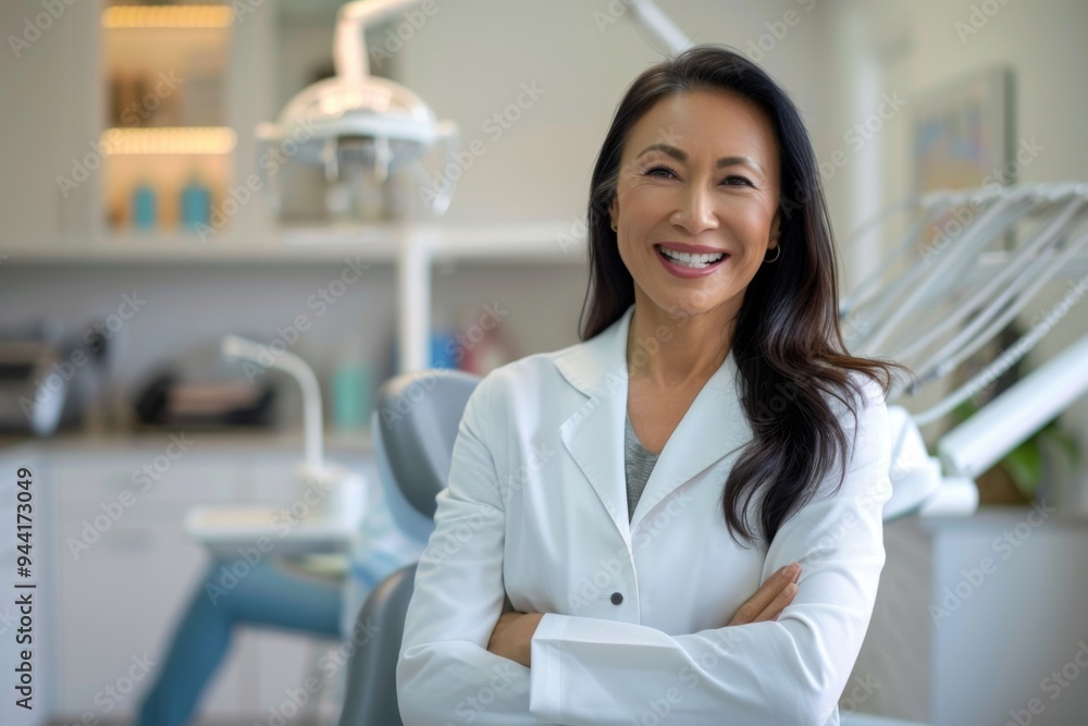 Portrait of a smiling middle aged Asian female dentist in modern clinic Portrait of a smiling middle aged Asian female dentist in modern clinic