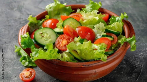 Vegetable salad with fresh lettuce, tomatoes and cucumber in clay pot. Top view. 