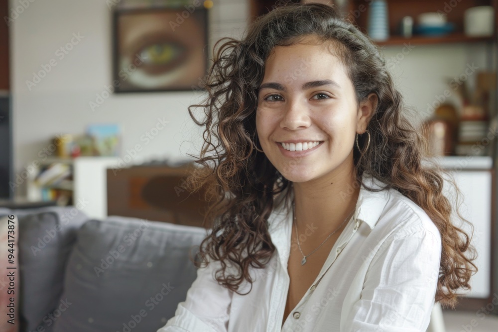 Smiling portrait of a young Hispanic woman at home