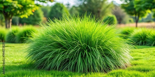 Lush green tall fescue grass sways gently in the wind, showcasing its distinctive clumping habit and deep roots, perfect for landscaping and lawn care. photo