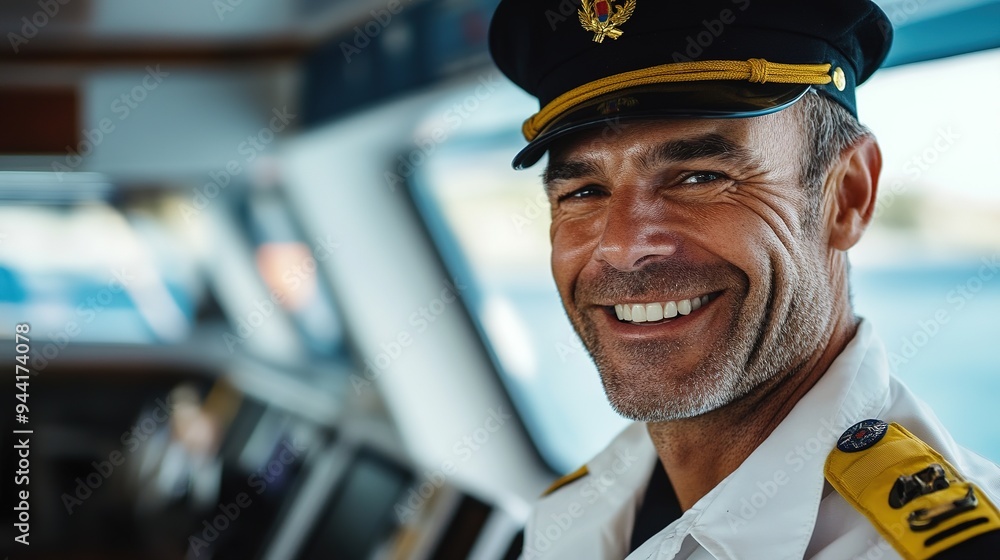 Portrait of a smiling ship captain in uniform. Skipper of a yacht on board a ship. Work at sea. copy space for text.