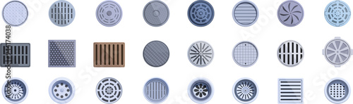 Drain manhole icons set. Variety of manhole covers are displayed, showcasing different textures and patterns