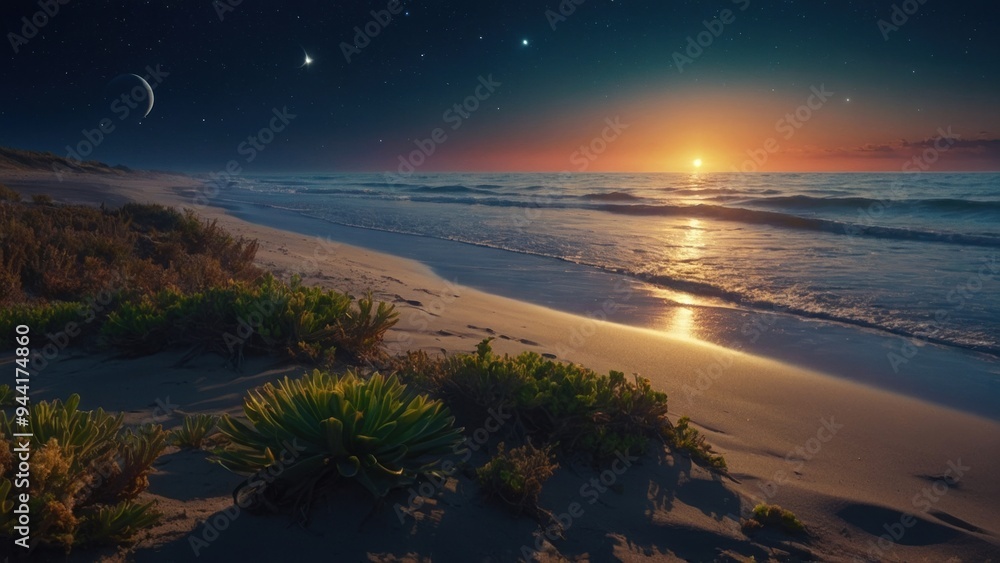 Fototapeta premium Beautiful panoramic wallpaper with beach and unearthly sky